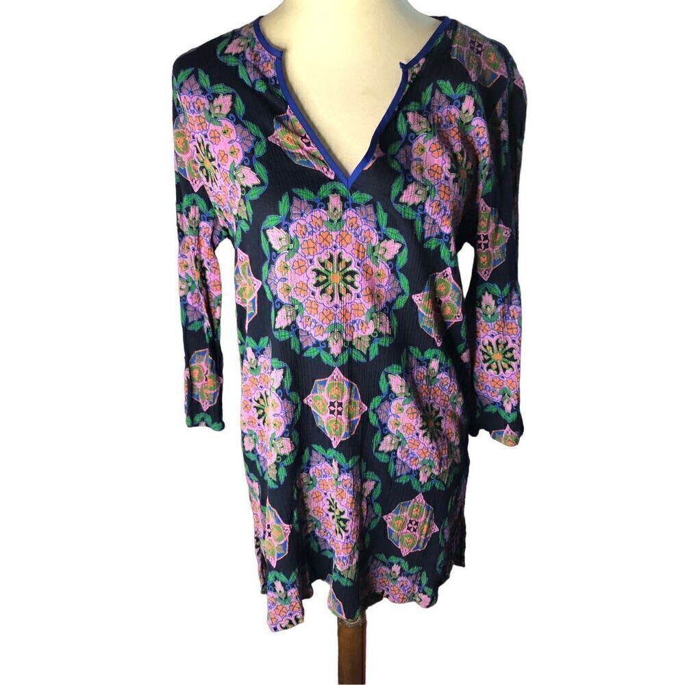 J Crew Blue Pink Medallion V Neck 3/4 Sleeve Gauze Cotton Tunic Swimsuit Cover U